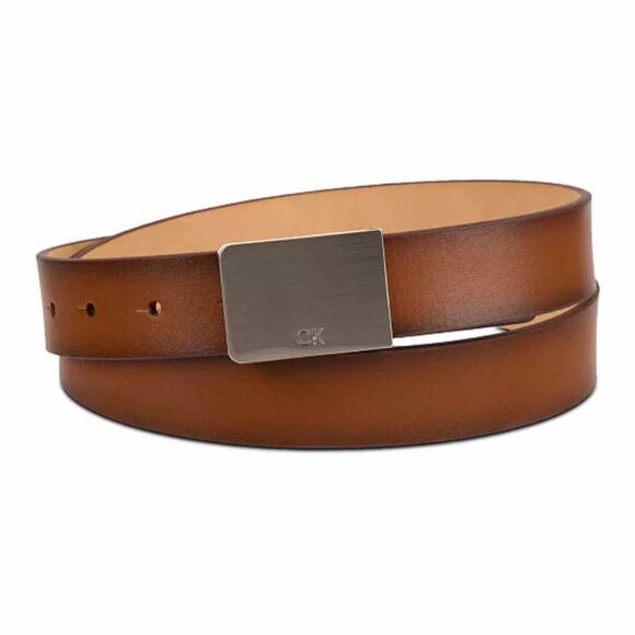 Calvin Klein Men's Logo Plaque Belt Cognac Neutral Size Medium 34-36 - Picture 1 of 8